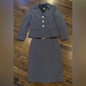 Linda Allard Ellen Tracy Micro-Check Navy White Blazer Skirt Set Career Suit 6/8